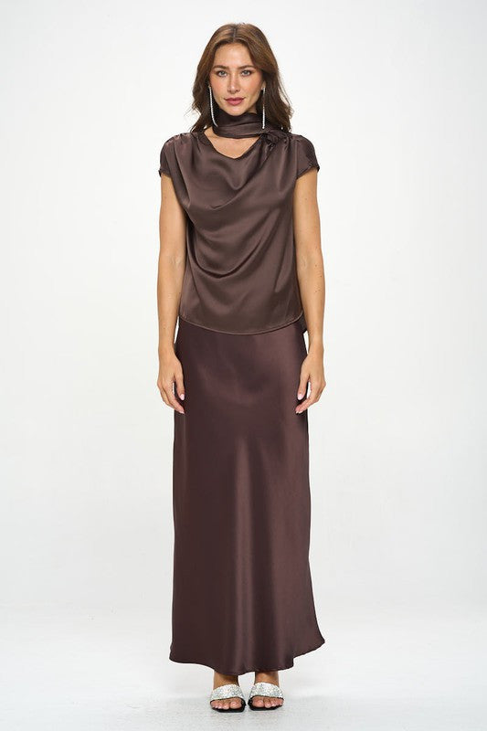 Satin Cowl Neck Short Sleeve Top with Scarf Detail