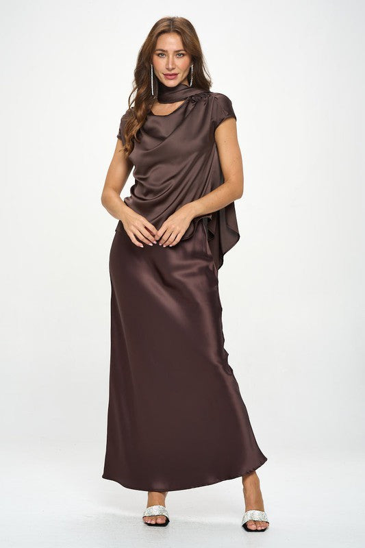 Satin Cowl Neck Short Sleeve Top with Scarf Detail