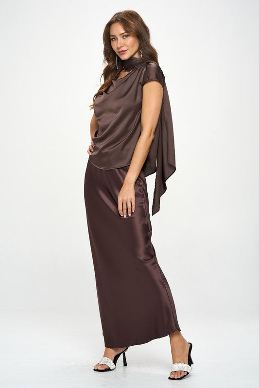 Satin Cowl Neck Short Sleeve Top with Scarf Detail