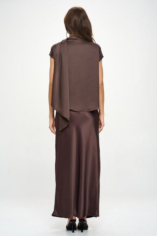 Satin Cowl Neck Short Sleeve Top with Scarf Detail