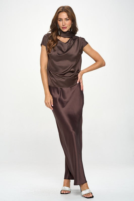 Satin Cowl Neck Short Sleeve Top with Scarf Detail